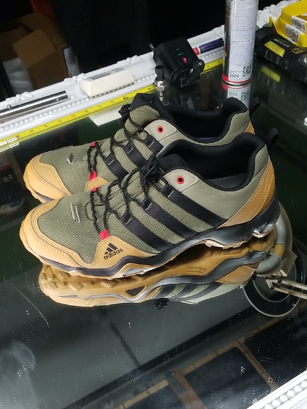 Mens 12 Adidas Terrex AX2S men's hiking shoes in an olive green and tan